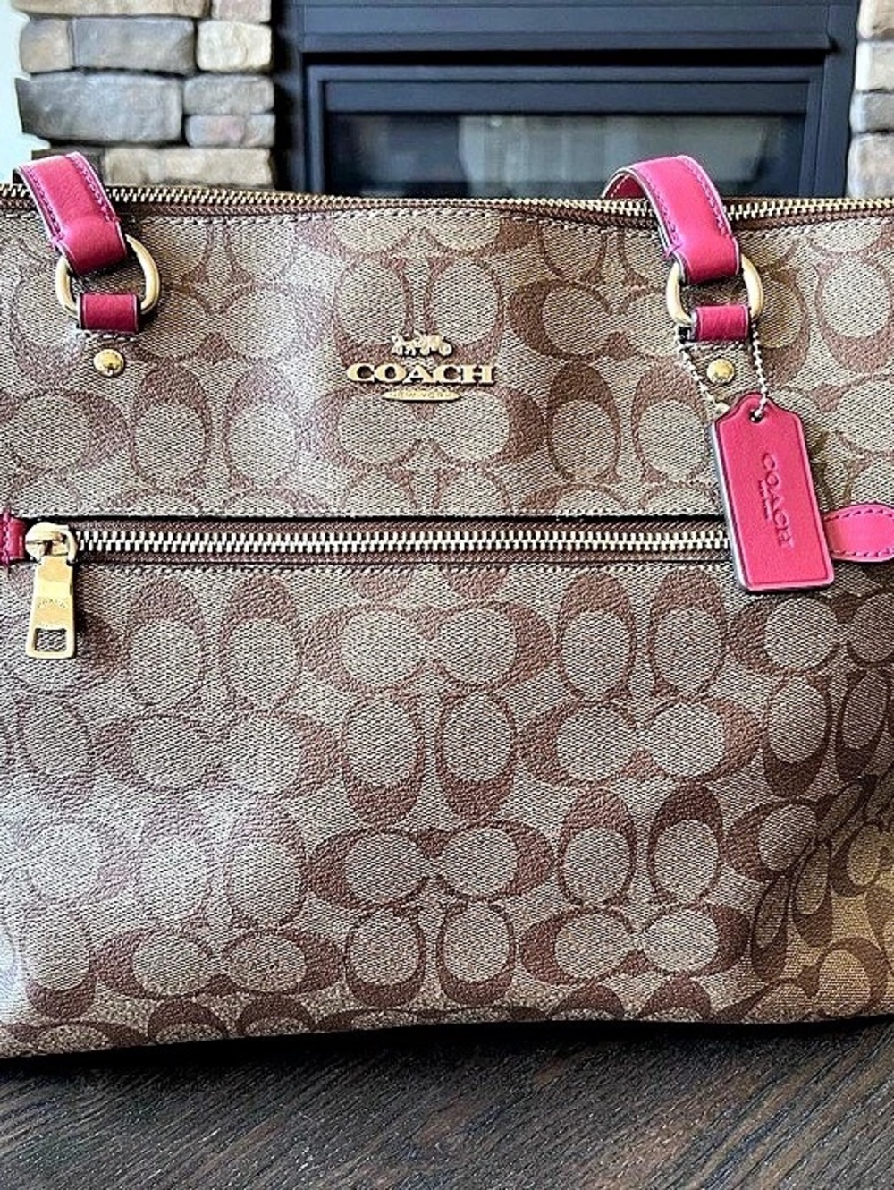 Coach Signature Zip Top Tote Brown & Pink